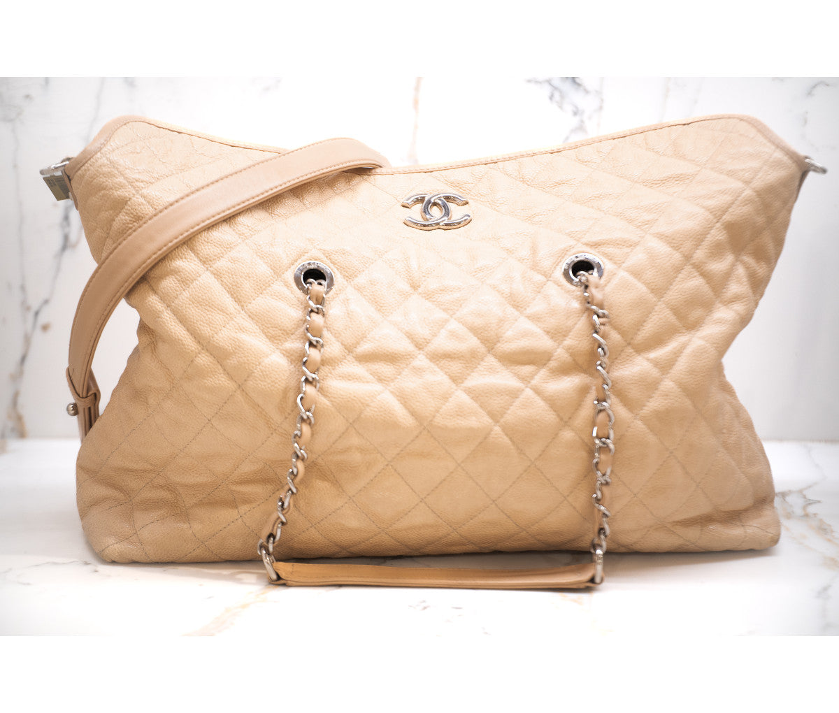 Chanel Beige Caviar Quilted Large French Riviera Fold Tote