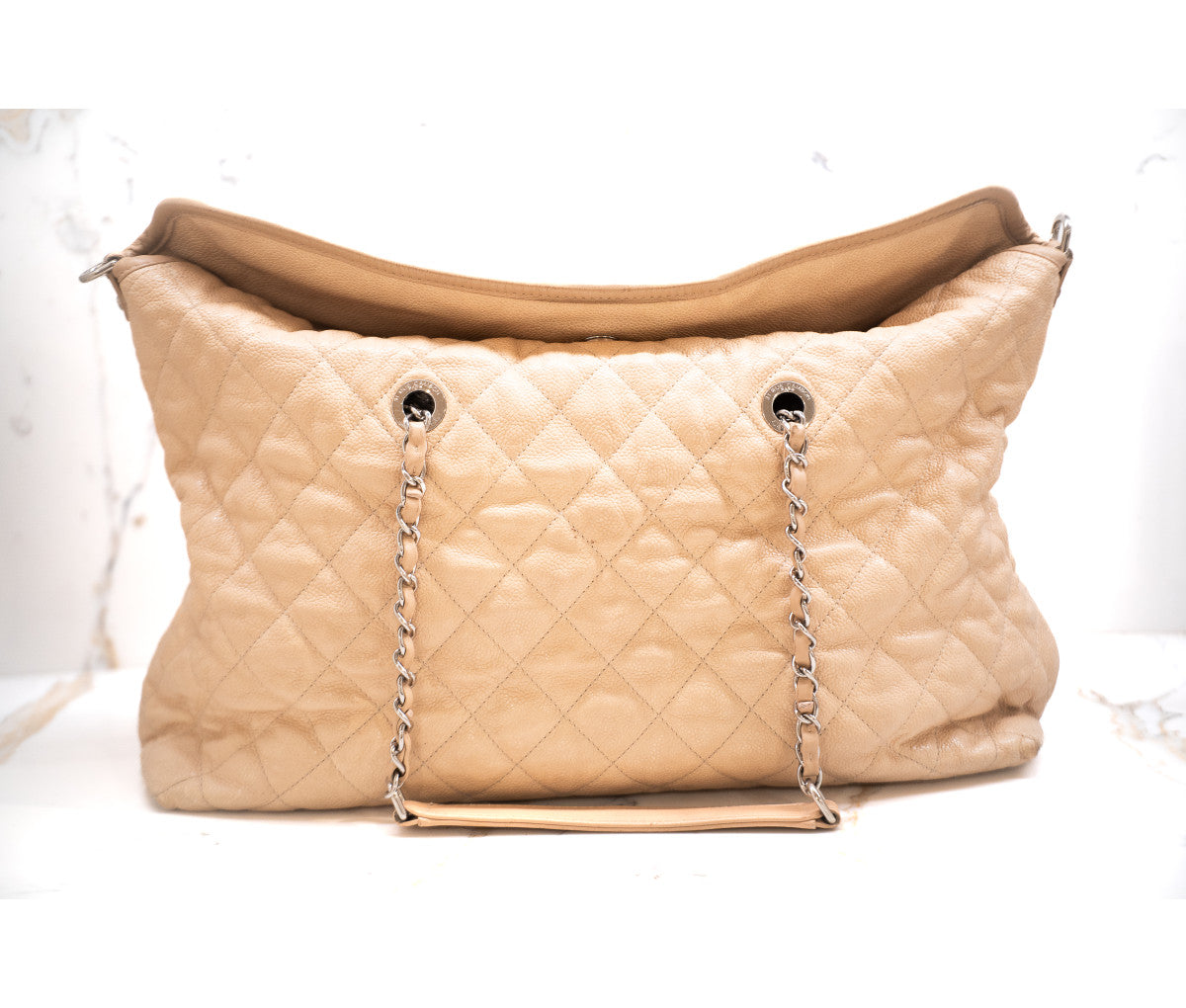 Chanel Beige Caviar Quilted Large French Riviera Fold Tote
