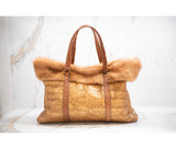 Prada Brown Triangle Coccodrillo & Montone Trimmed Tote
