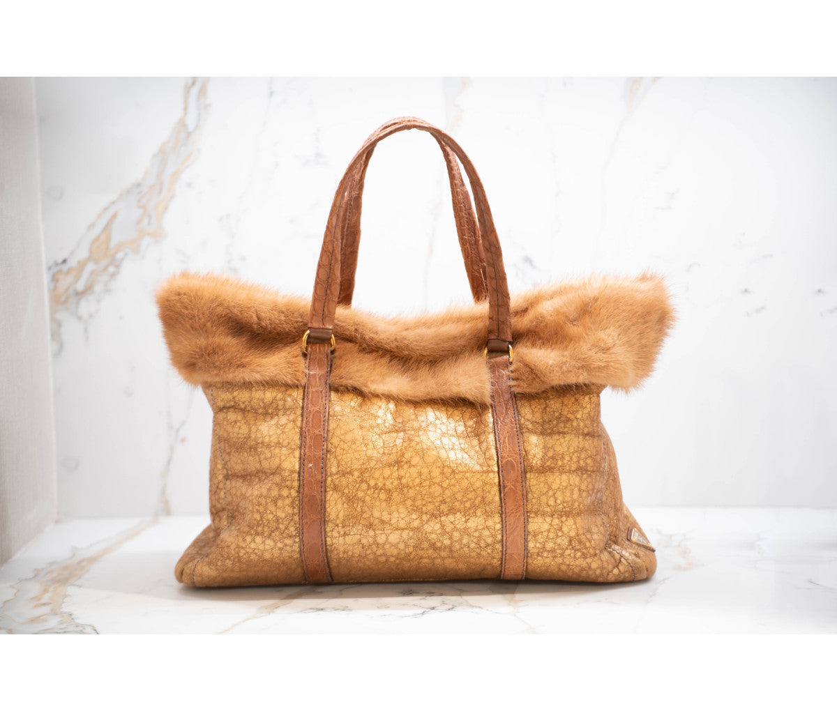 Prada Brown Triangle Coccodrillo & Montone Trimmed Tote