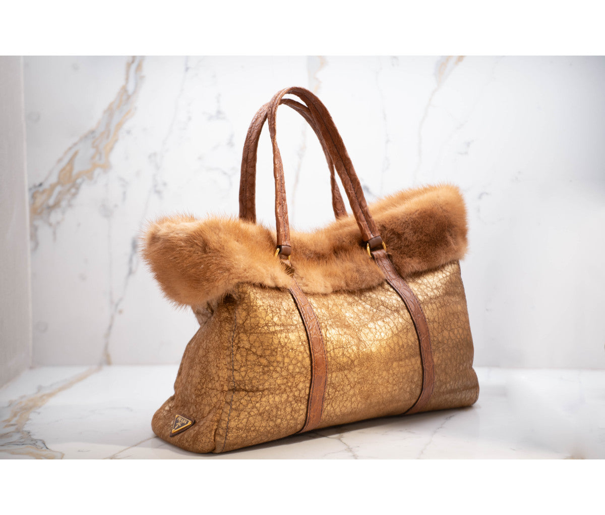 Prada Brown Triangle Coccodrillo & Montone Trimmed Tote