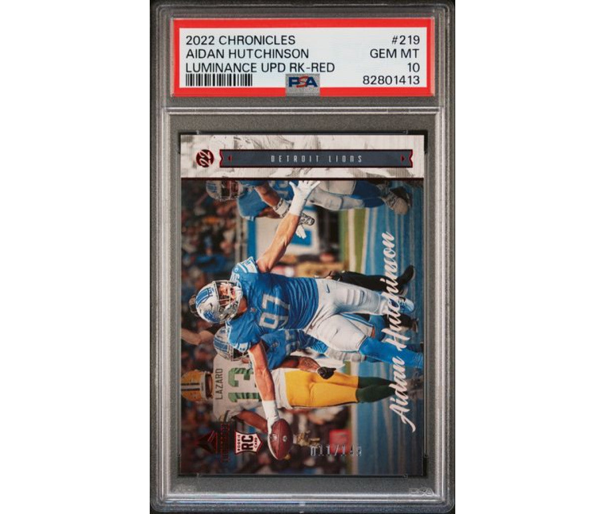 2022 Panini Chronicles Luminance Aidan Hutchinson Red /199 PSA 10