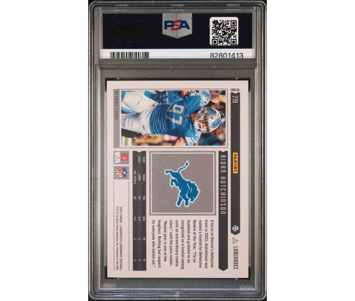 2022 Panini Chronicles Luminance Aidan Hutchinson Red /199 PSA 10