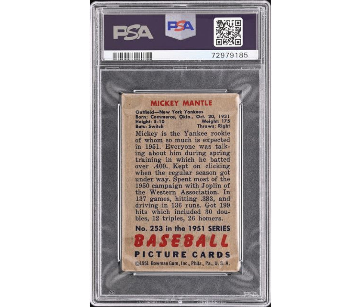 1951 Bowman Mickey Mantle #253 PSA 2.5