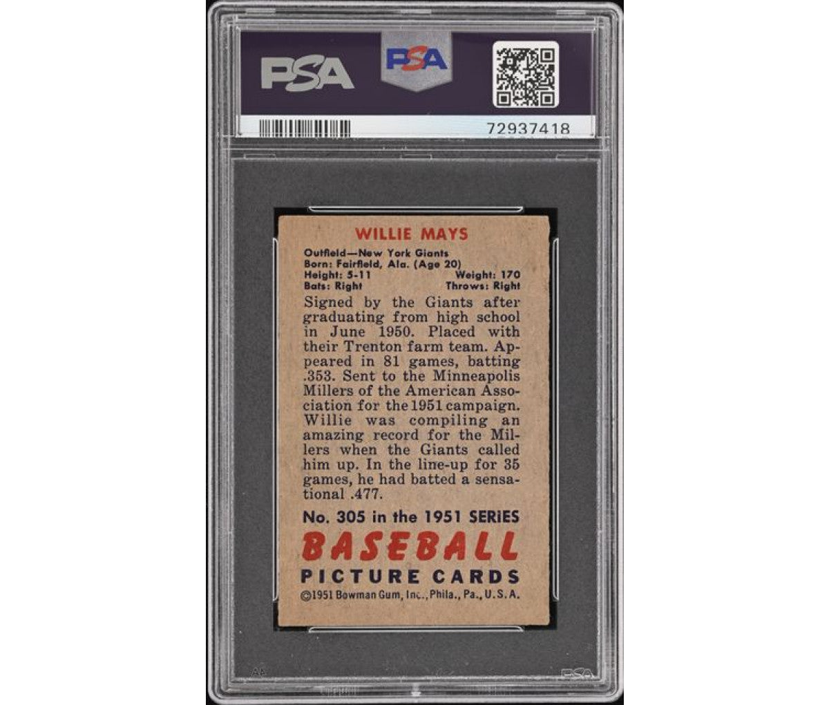 1951 Bowman Willie Mays Rookie #305 PSA 4