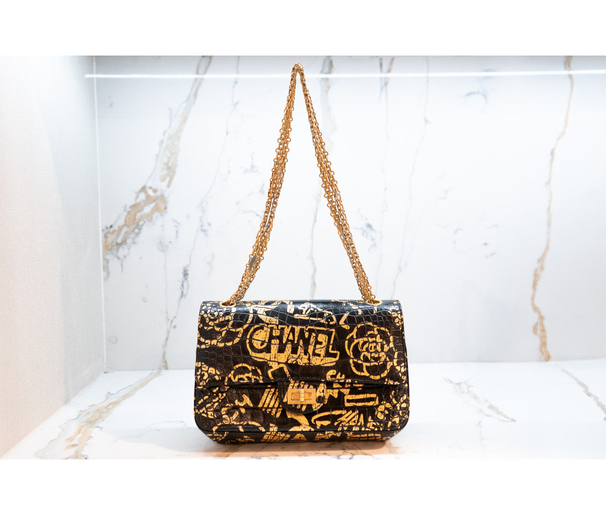 Chanel Black Embossed Graffiti Reissue 2.55 Shoulder Bag
