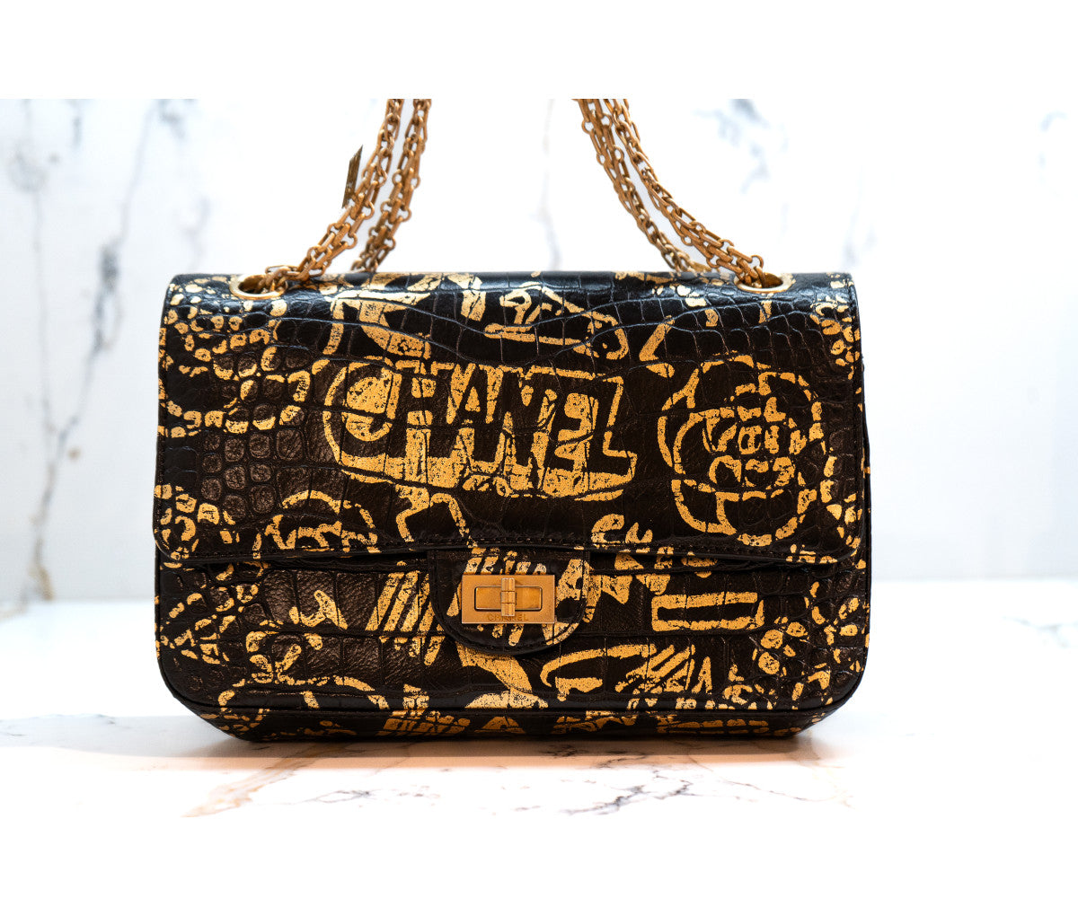 Chanel Black Embossed Graffiti Reissue 2.55 Shoulder Bag
