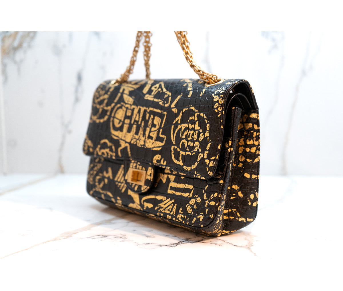 Chanel Black Embossed Graffiti Reissue 2.55 Shoulder Bag
