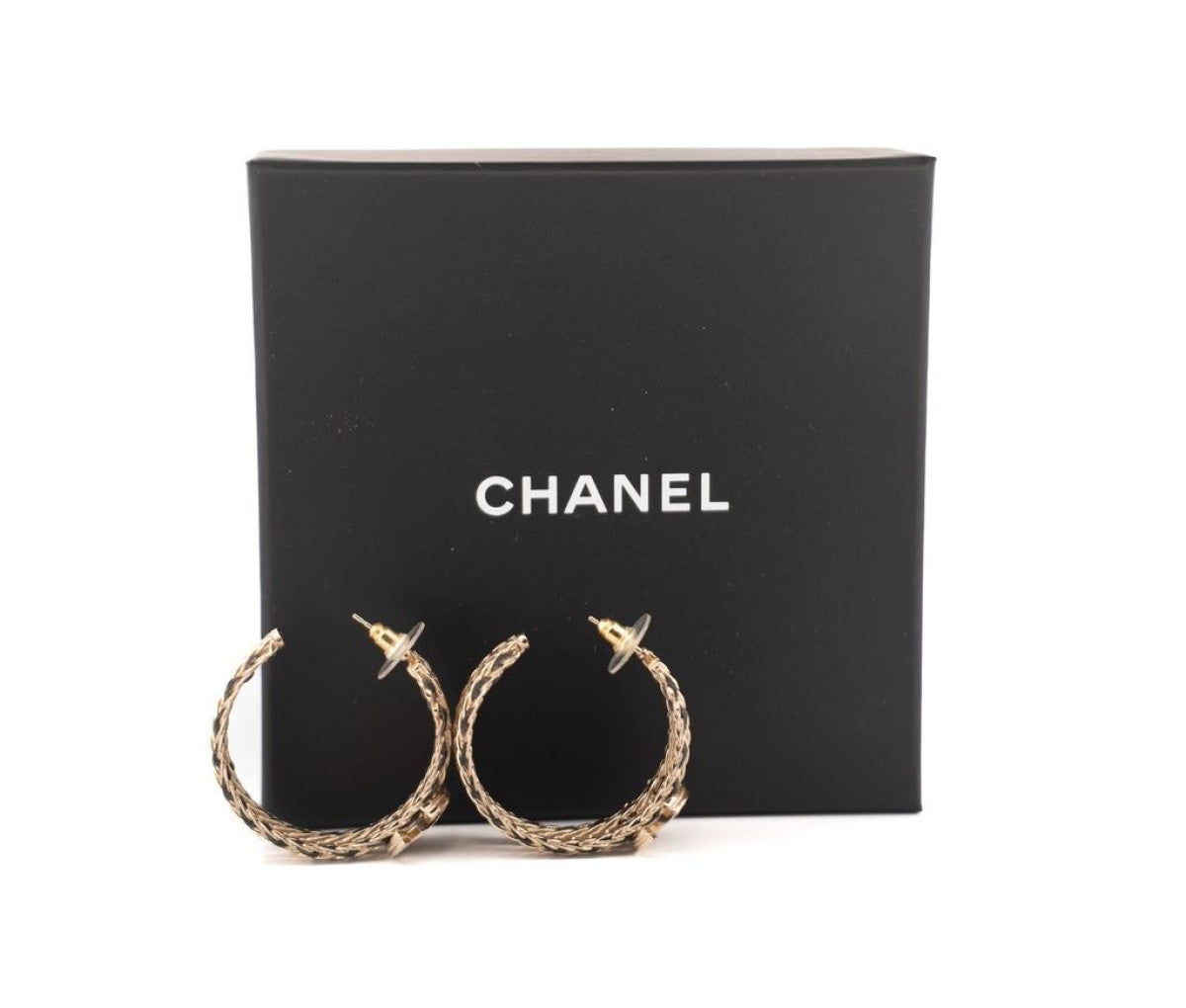 Chanel Crystal Lambskin CC Double Chain Hoop Earrings Gold Black