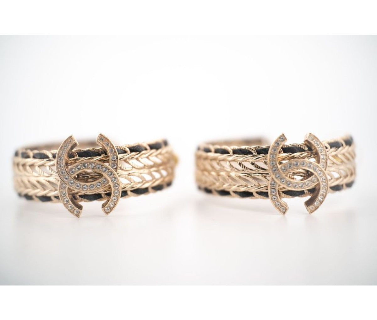 Chanel Crystal Lambskin CC Double Chain Hoop Earrings Gold Black