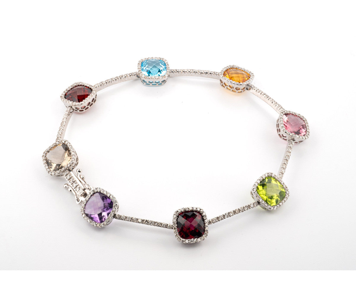 14kt White Gold Authentic Meira T Rainbow Multistone Halo Station Link Bracelet