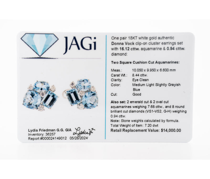 18kt White Gold Donna Vock Clip-On Aquamarine & Diamond Cluster Earrings