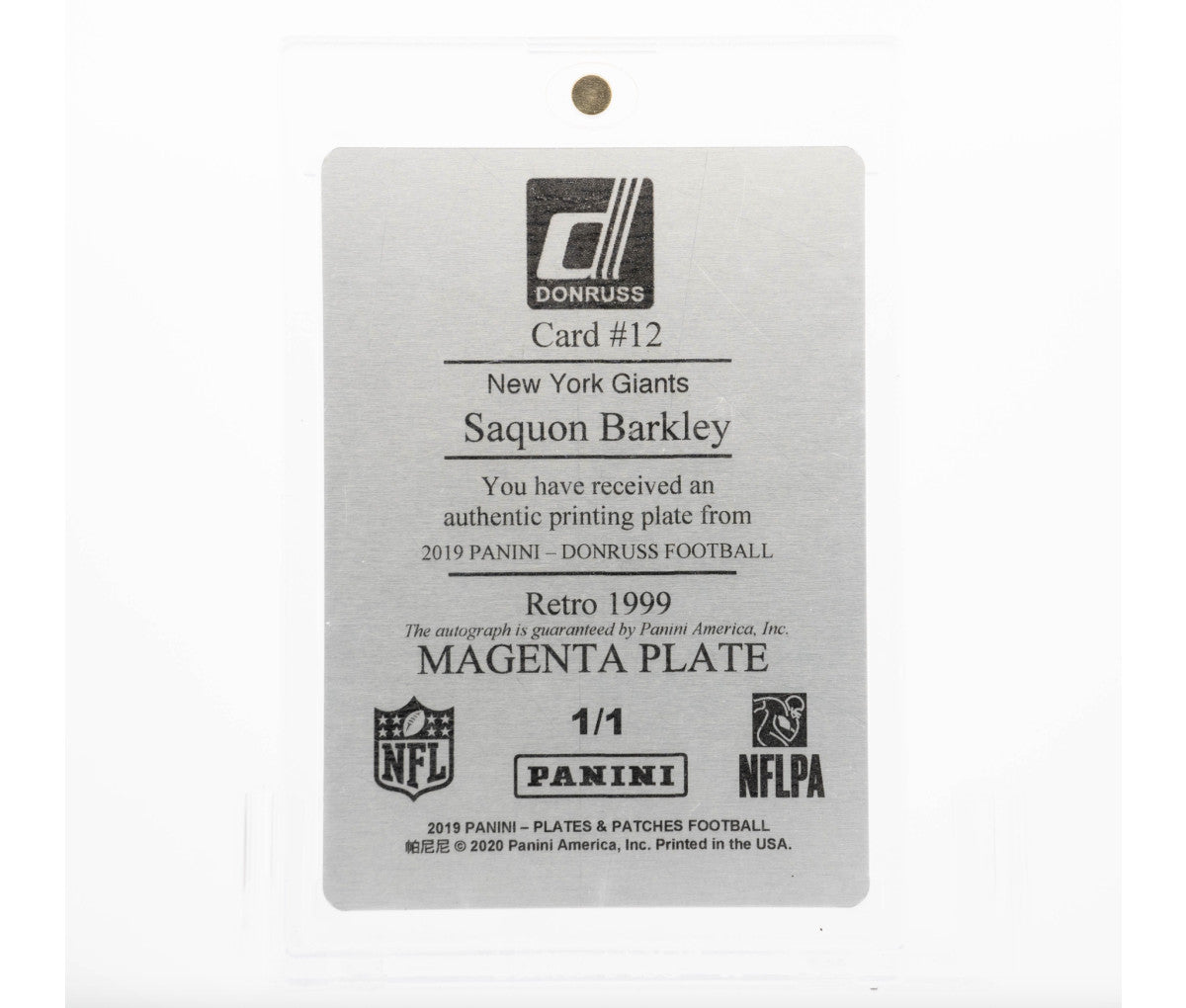 2019 Panini Plates & Patches Saquon Barkley Magenta Plate Auto RC 1/1