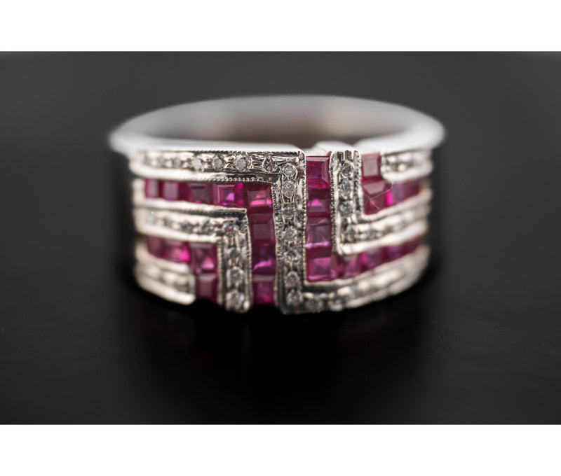 14K White Gold Diamond & Ruby Geometric Design Ring