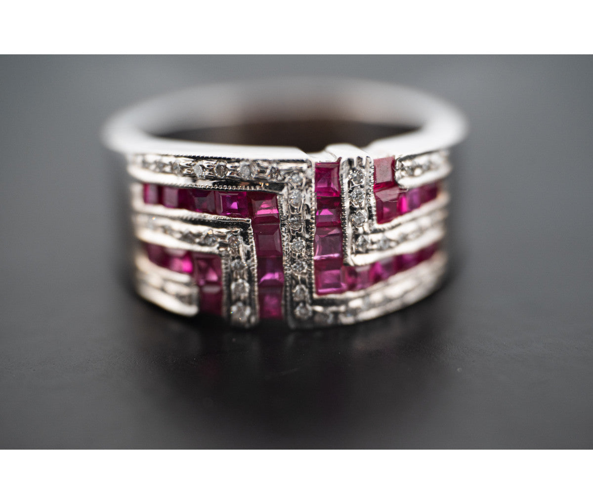 14K White Gold Diamond & Ruby Geometric Design Ring