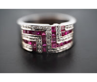 14K White Gold Diamond & Ruby Geometric Design Ring