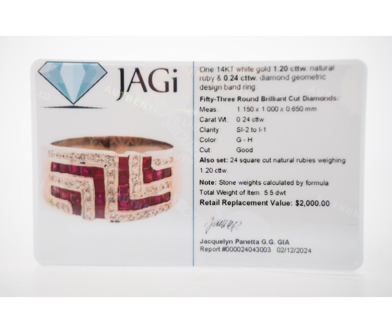 14K White Gold Diamond & Ruby Geometric Design Ring