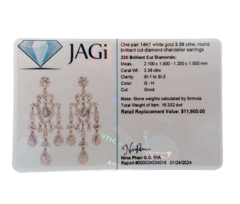 14k White Gold 3.36 Round Brilliant Cut Diamond Chandelier Earrings