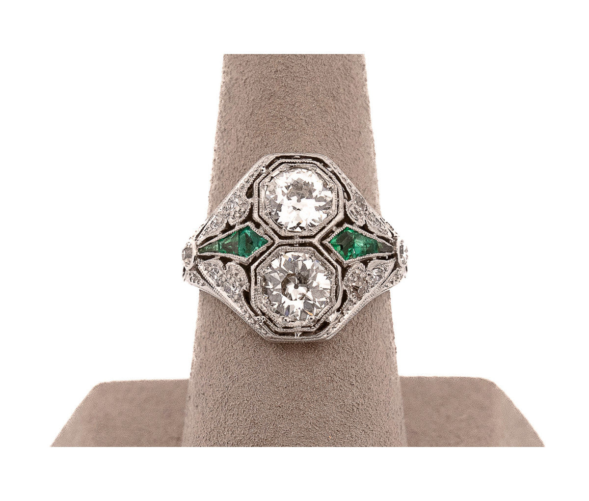 Women's Platinum Original Art Deco Green Glass & 2.25ct Diamond Ring, Size 7