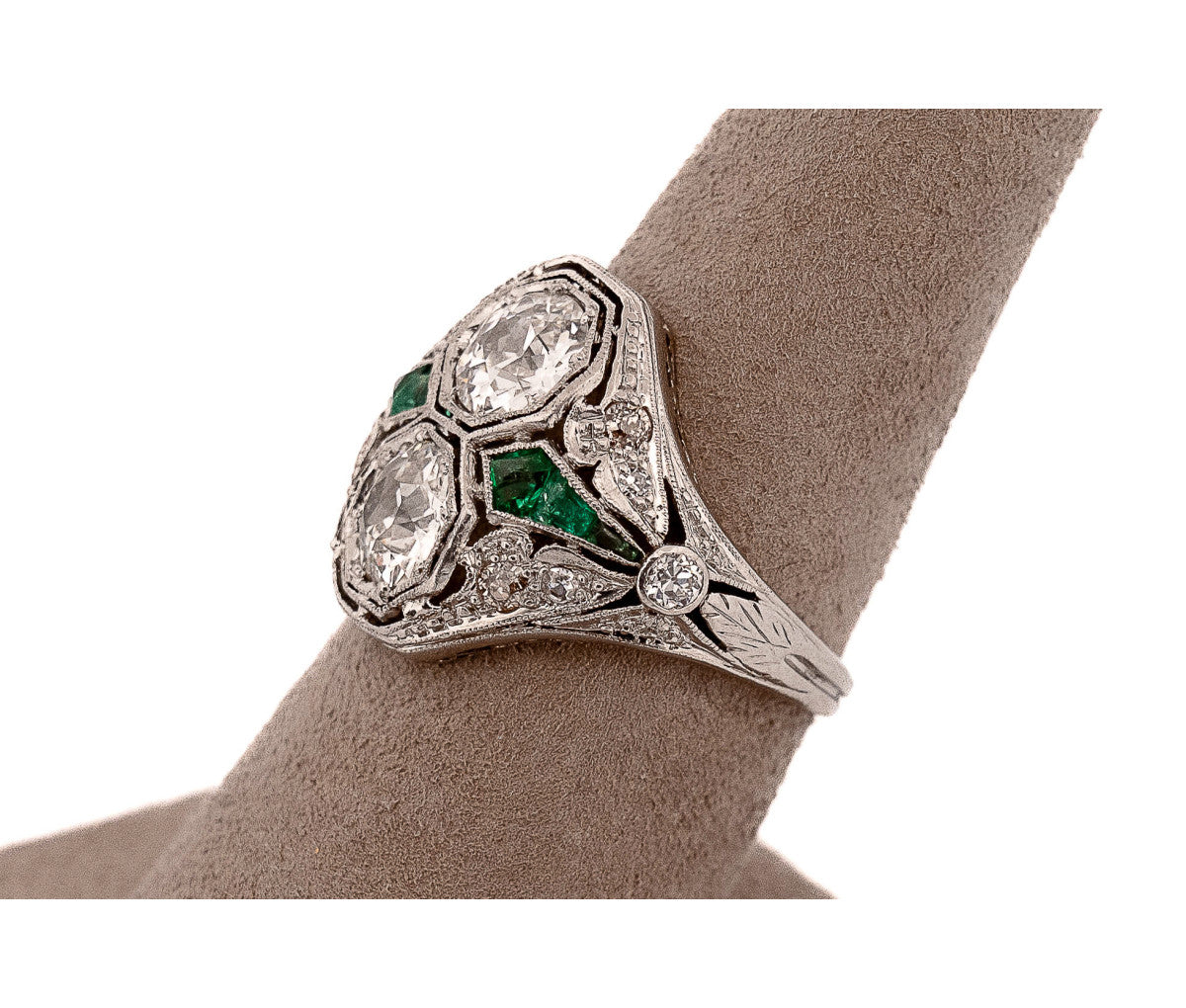 Women's Platinum Original Art Deco Green Glass & 2.25ct Diamond Ring, Size 7