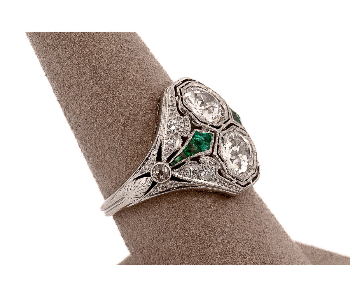 Women's Platinum Original Art Deco Green Glass & 2.25ct Diamond Ring, Size 7