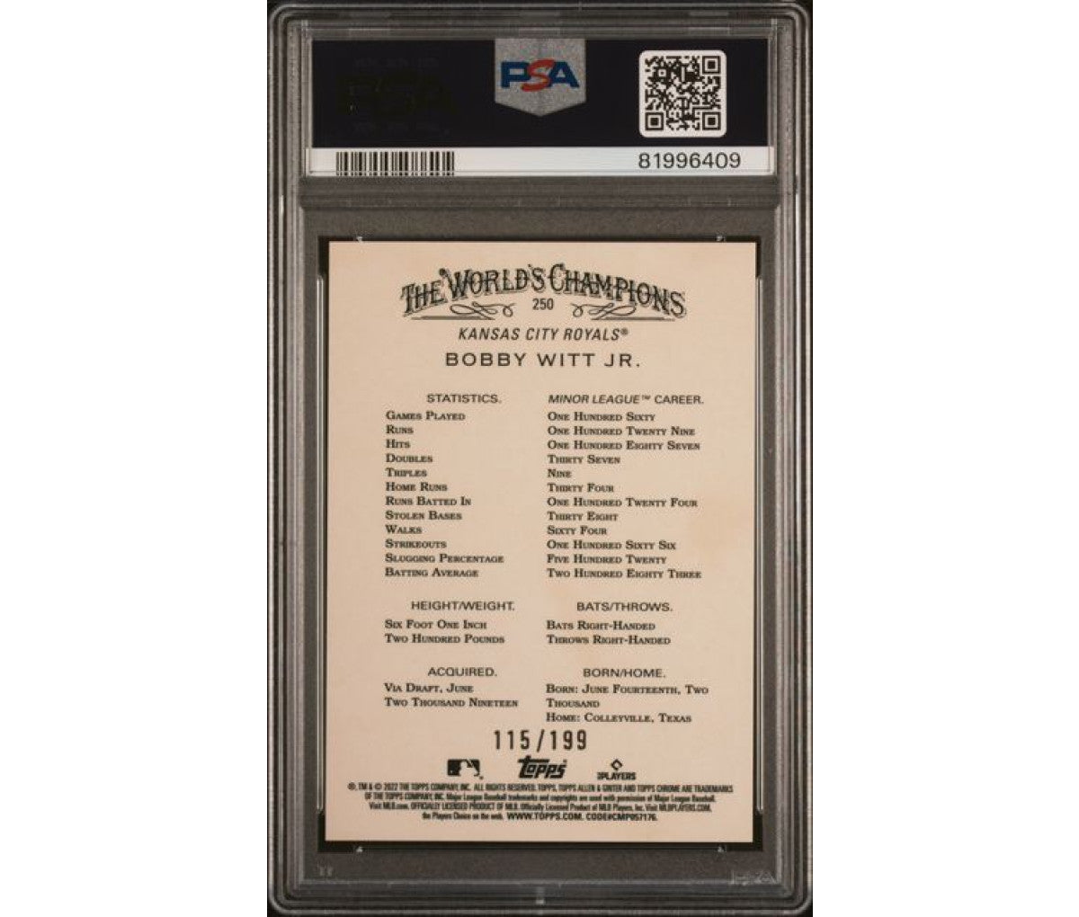 2022 Allen & Ginter CHR. Bobby Witt JR. MAGENTA REFRACTOR PSA 10