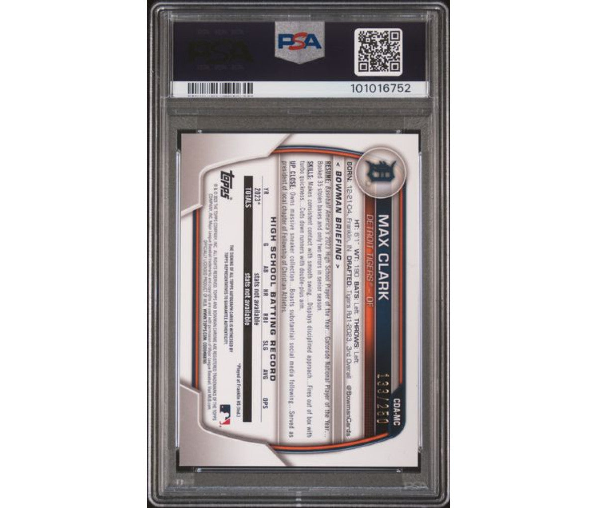 2023 Bowman Draft Max Clark Chrome Prospect Autograph Purple /250 Auto PSA 10