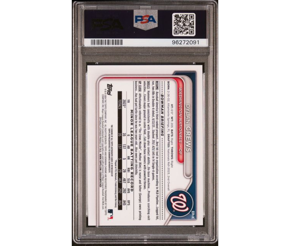 2024 Dylan Crews Sapphire Chrome Prospect AU-Green /99 PSA 10