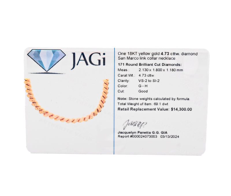 18k Yellow Gold 4.73 Ct Diamond San Marco Link Collar Necklace
