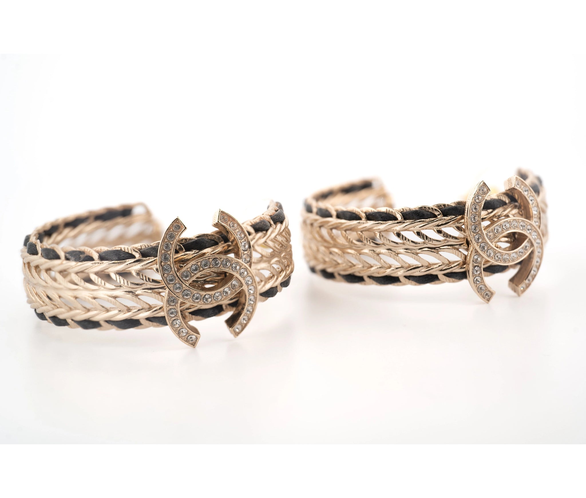 Chanel Crystal Lambskin CC Double Chain Hoop Earrings Gold Black