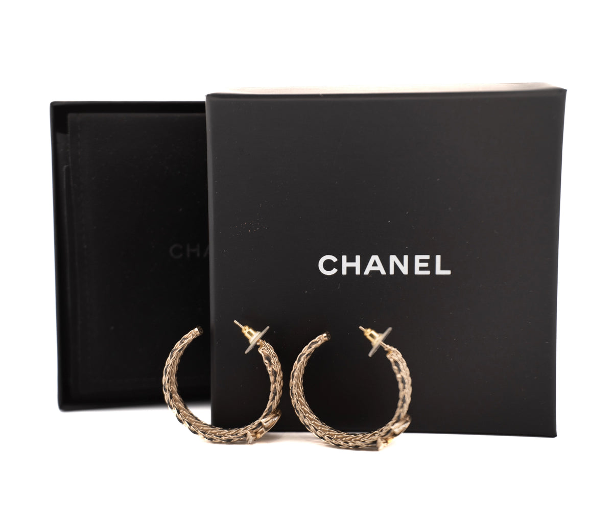 Chanel Crystal Lambskin CC Double Chain Hoop Earrings Gold Black