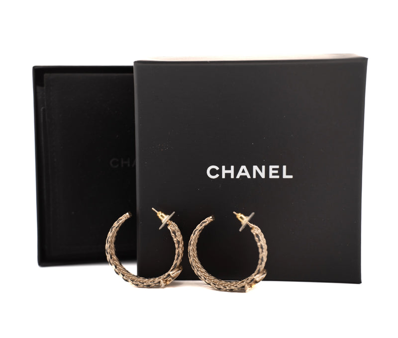 Chanel Crystal Lambskin CC Double Chain Hoop Earrings Gold Black