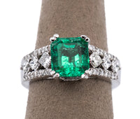 14kt White Gold Natural Colombian Emerald & Diamond Cathedral Ring
