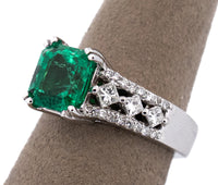 14kt White Gold Natural Colombian Emerald & Diamond Cathedral Ring