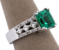14kt White Gold Natural Colombian Emerald & Diamond Cathedral Ring