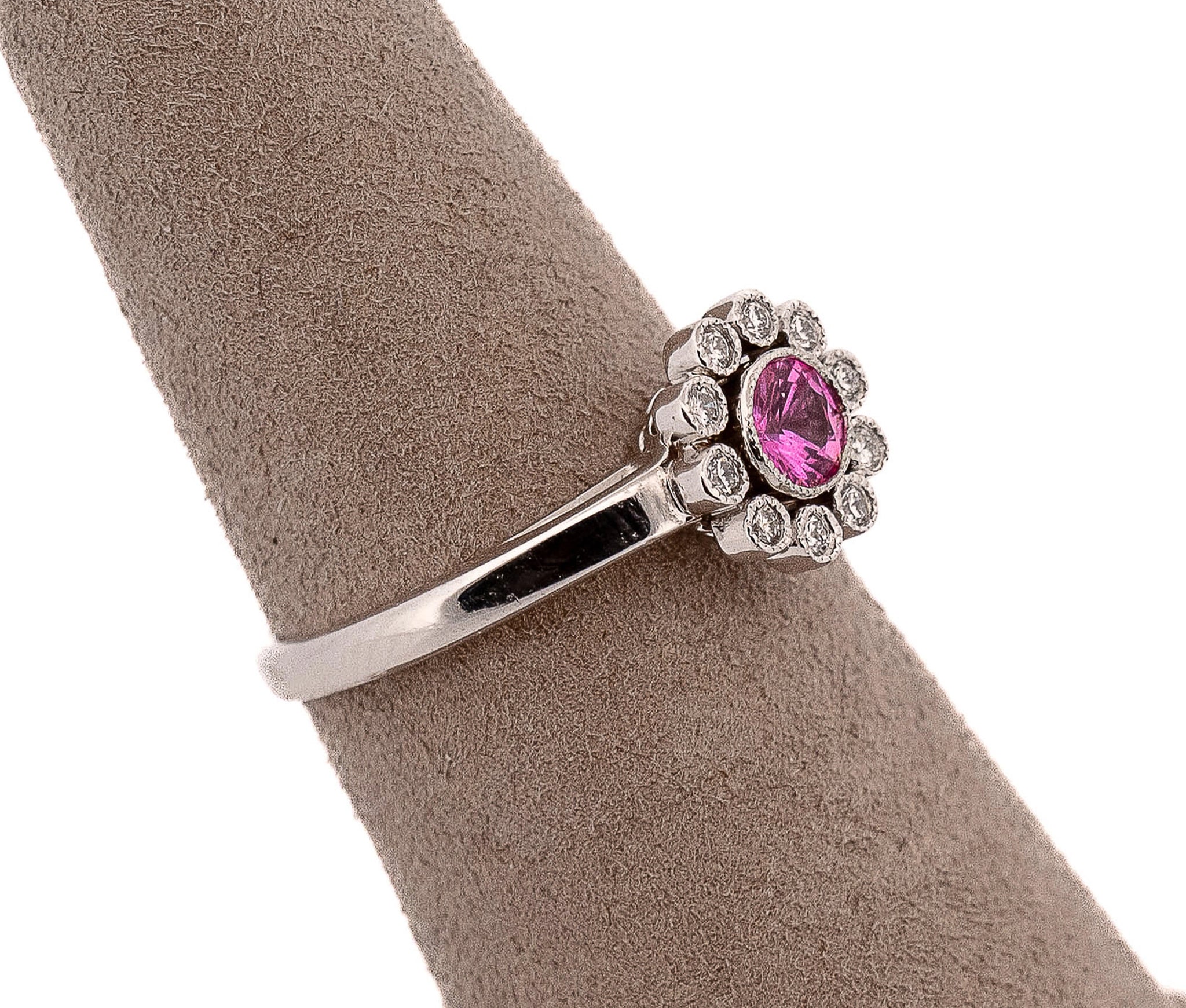 Tiffany & Co Platinum Enchant Pink Sapphire & .10ct Diamond Halo Ring