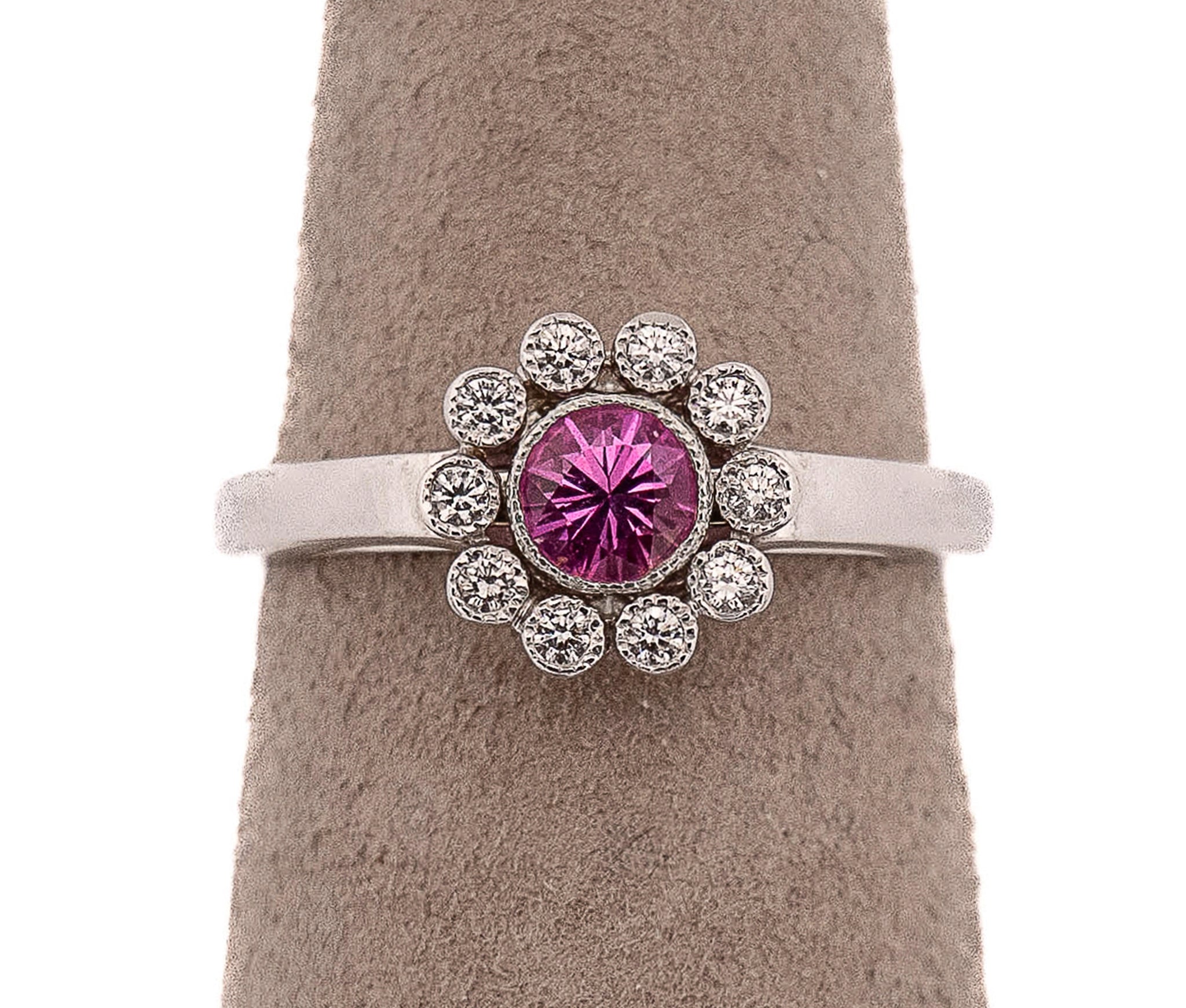 Tiffany & Co Platinum Enchant Pink Sapphire & .10ct Diamond Halo Ring