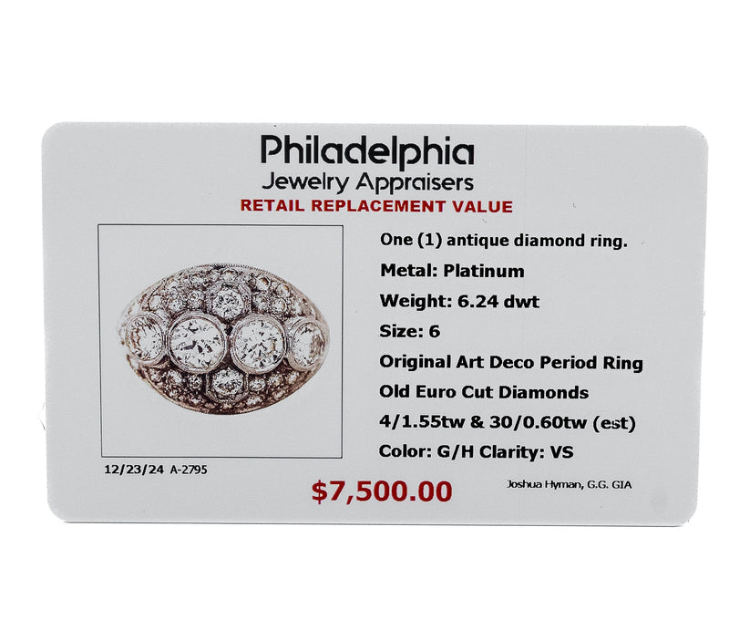 Platinum Original Art Deco 6.24ct Diamond Ring