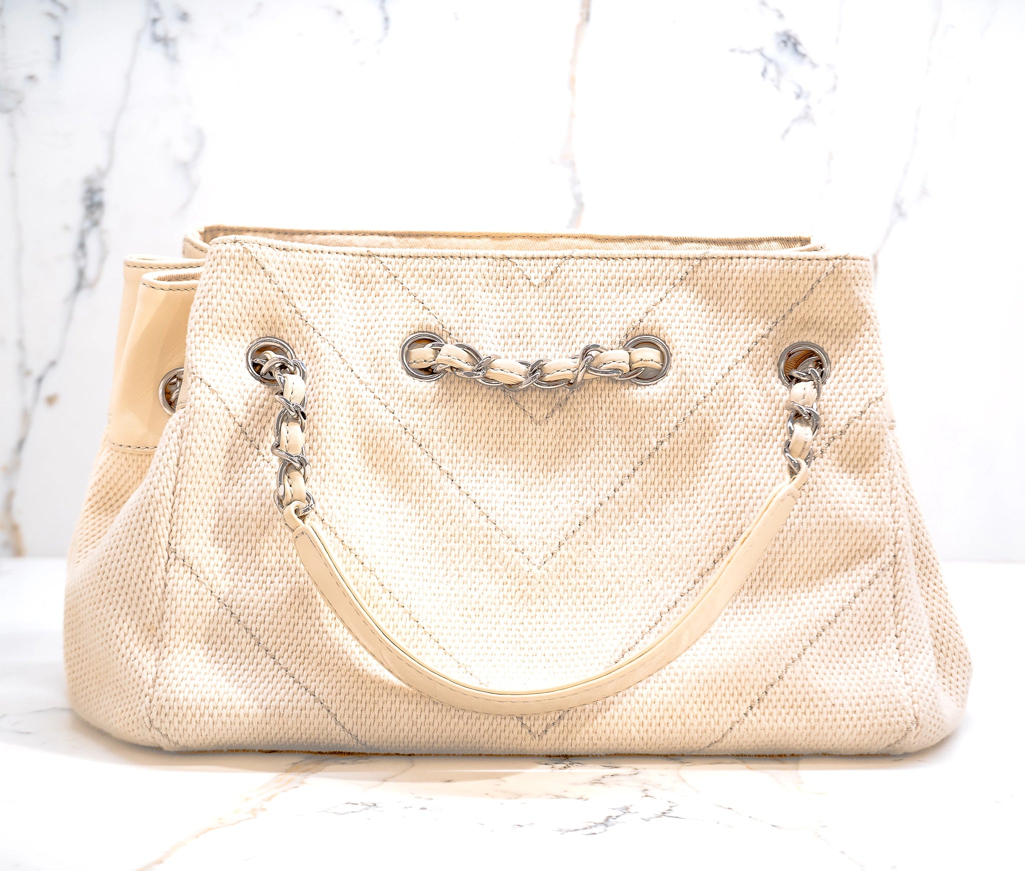Vintage Chanel Ecru Canvas and Leather Tote Bag