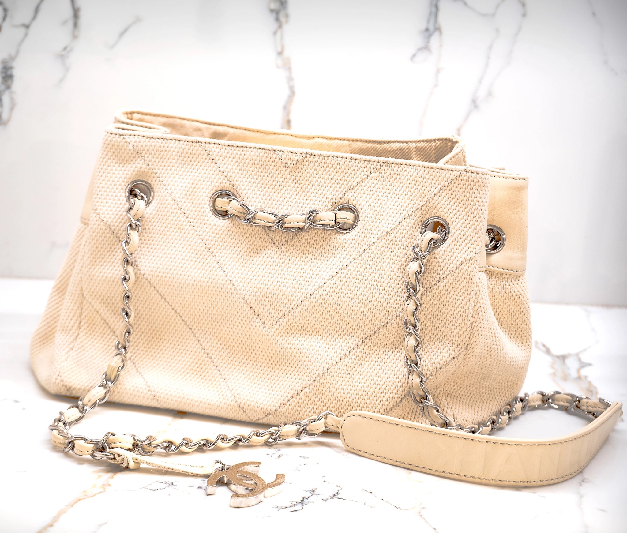 Vintage Chanel Ecru Canvas and Leather Tote Bag