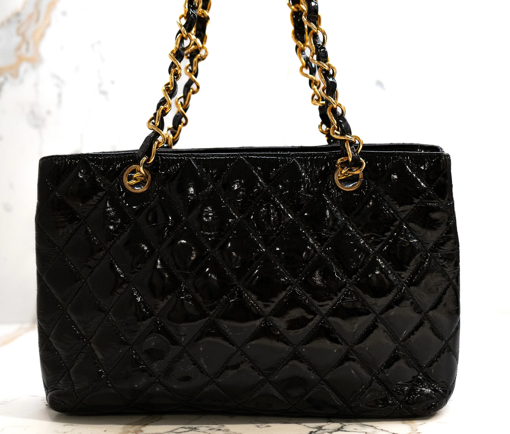 Chanel Vintage Black Quilted Patent Leather Shoulder Bag