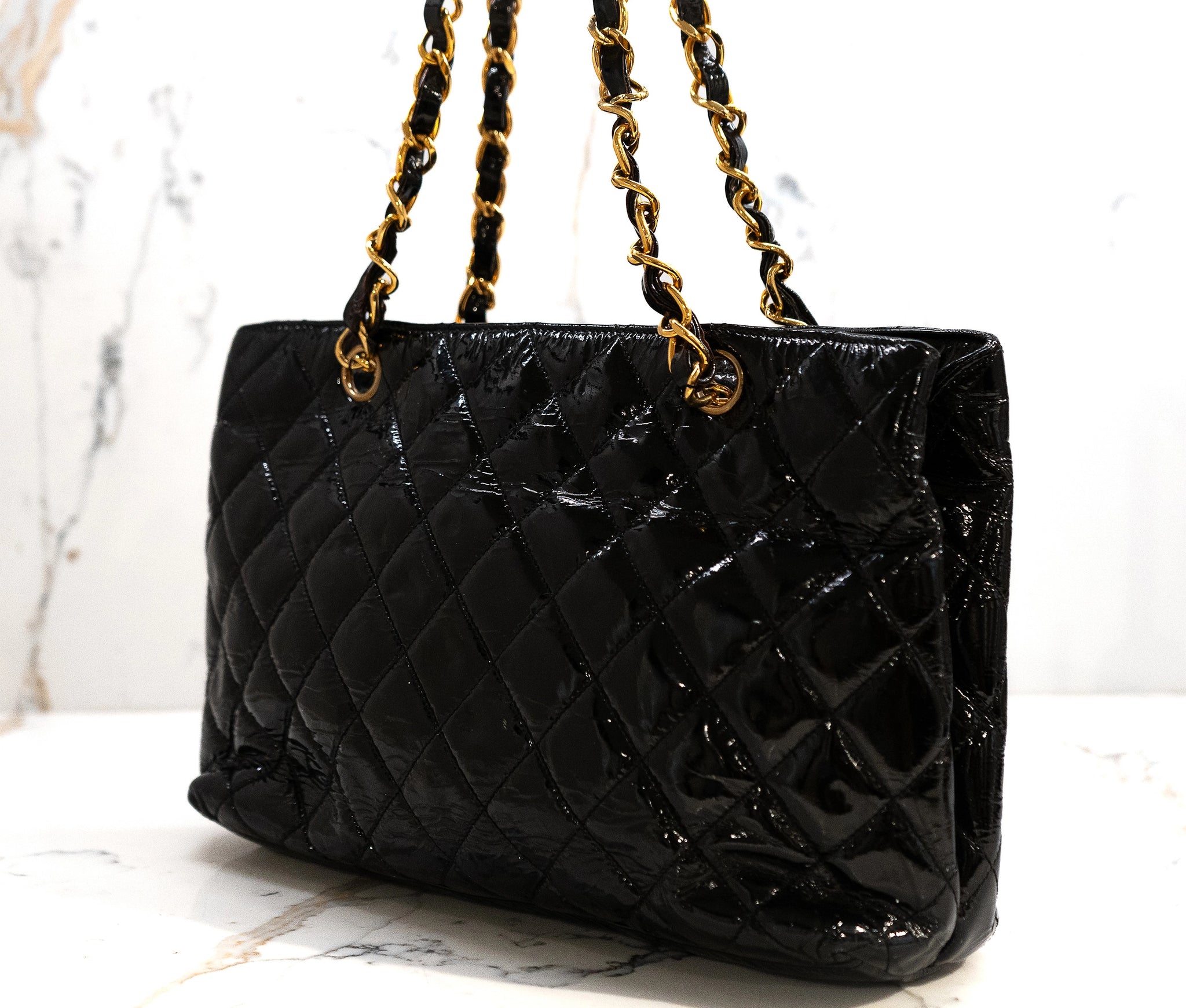 Chanel Vintage Black Quilted Patent Leather Shoulder Bag