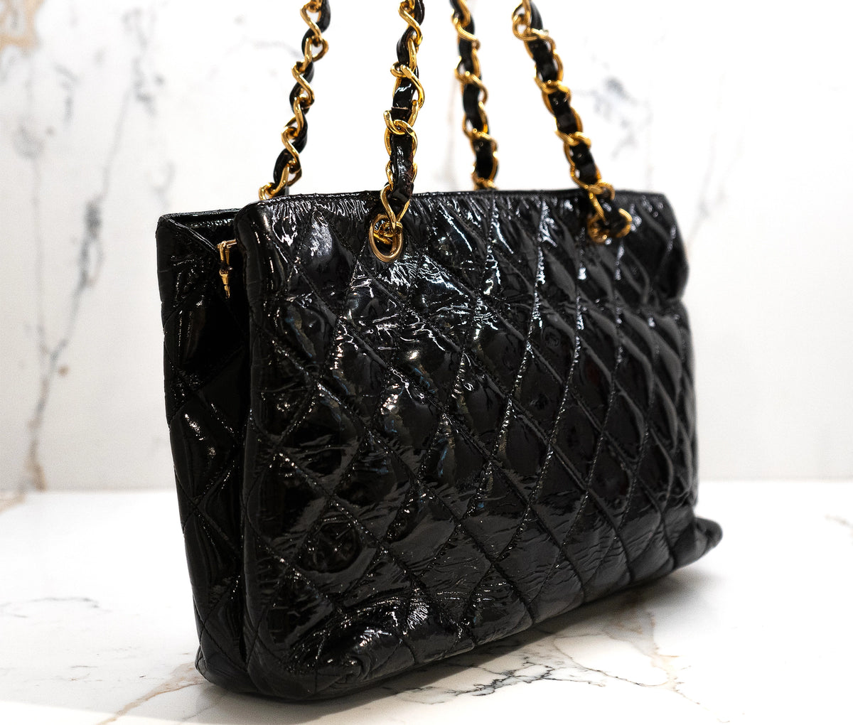 Chanel Vintage Black Quilted Patent Leather Shoulder Bag