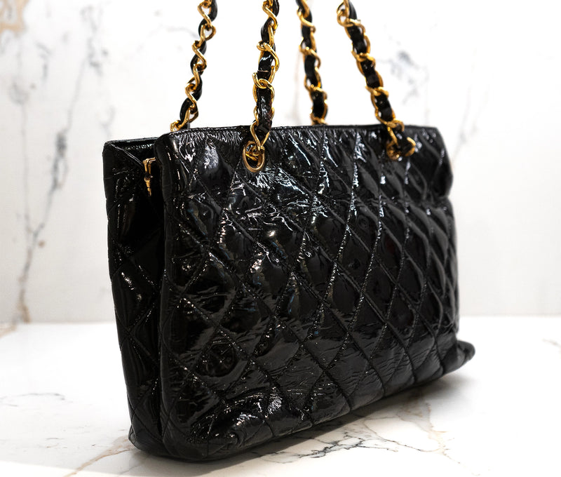 Chanel Vintage Black Quilted Patent Leather Shoulder Bag
