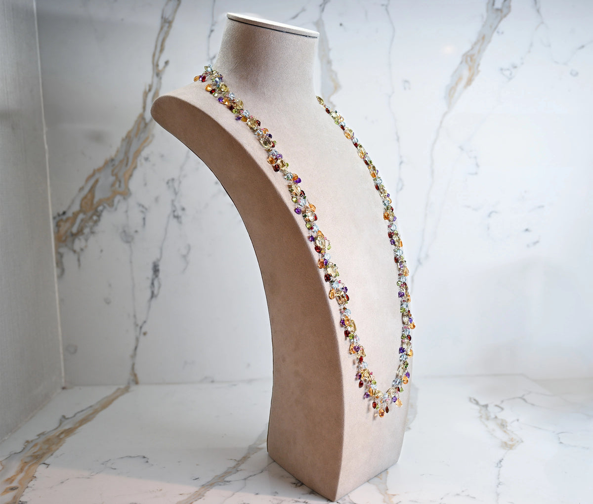 14k Gold Cambodian Cast Multi-Gem, Multi-Shape Drop Dangle Necklace