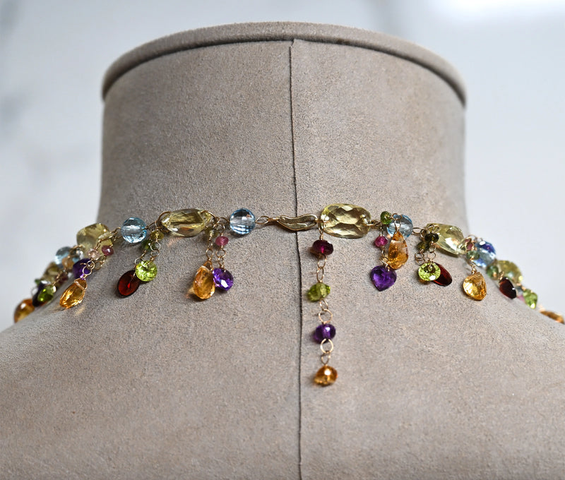 14k Gold Cambodian Cast Multi-Gem, Multi-Shape Drop Dangle Necklace