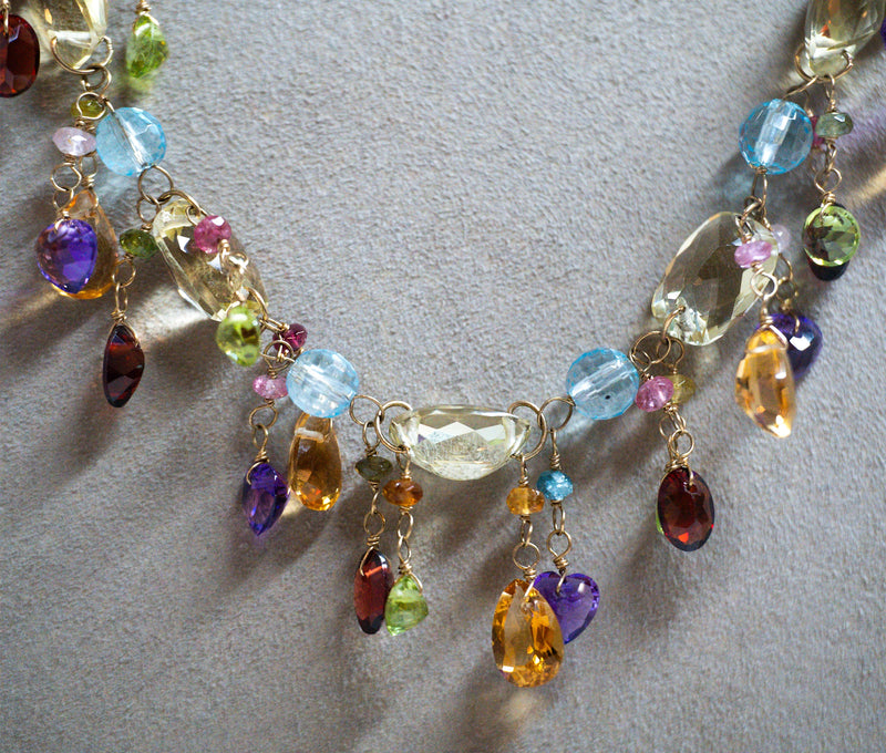 14k Gold Cambodian Cast Multi-Gem, Multi-Shape Drop Dangle Necklace