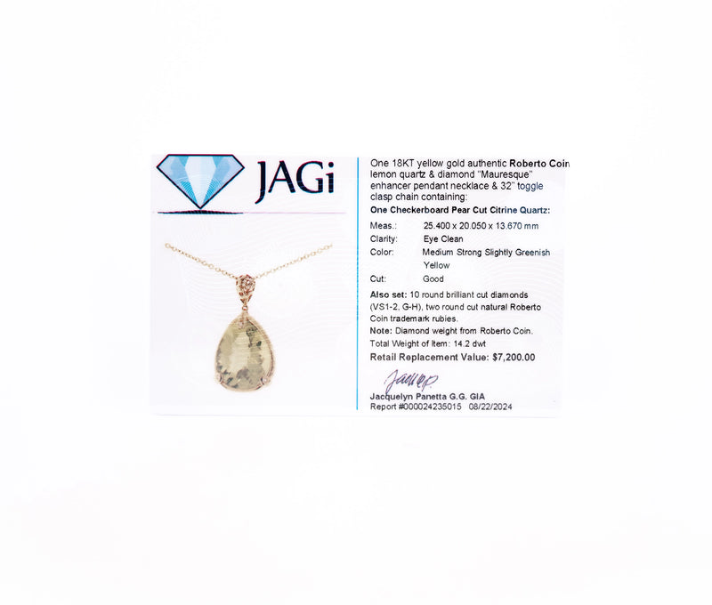 18K Yellow Gold Roberto Coin Lemon Quartz & Diamond Mauresque Enhancer Necklace