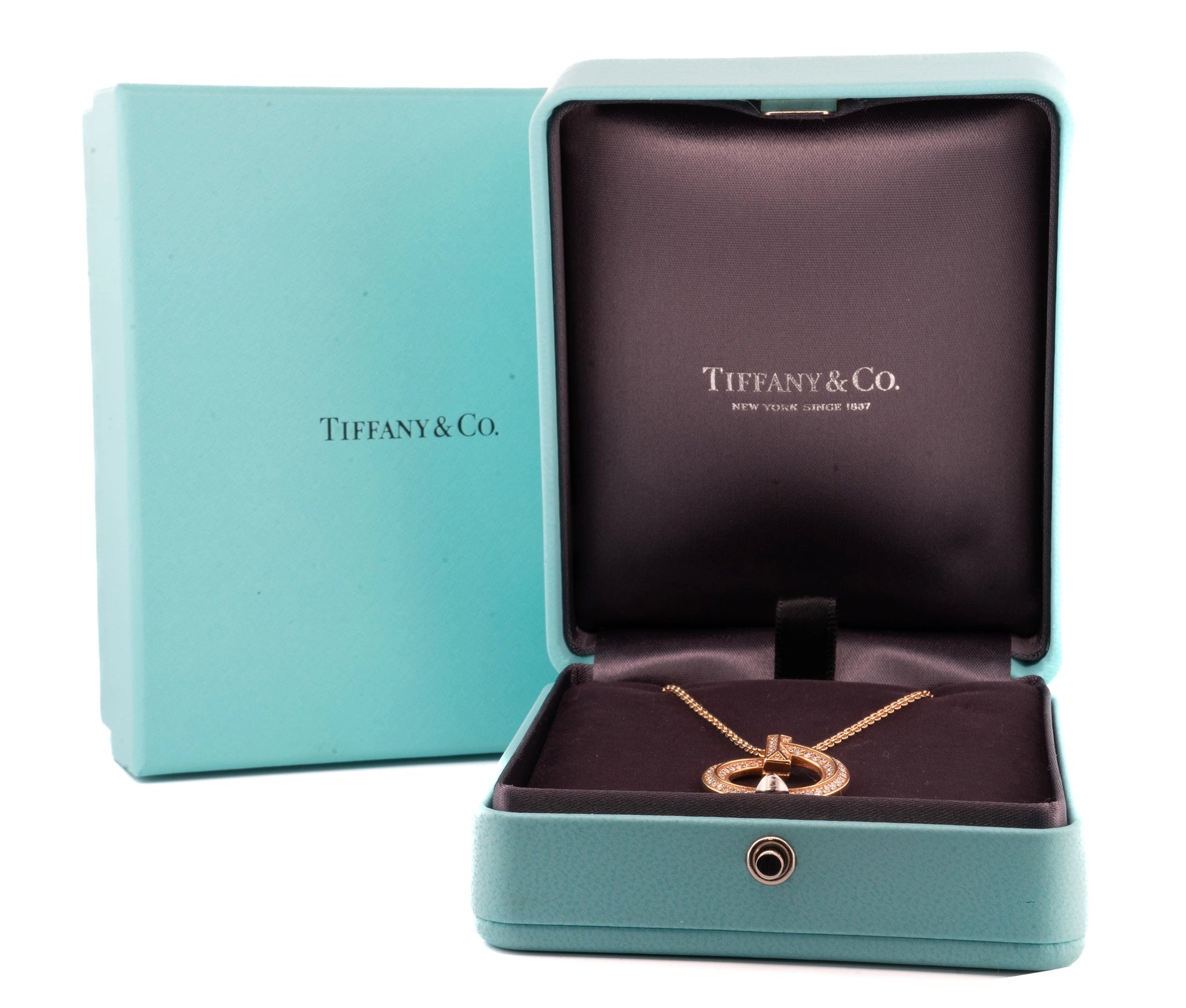 18k Rose Gold Tiffany and Co T1 Circle Pendant with Pavé Diamonds