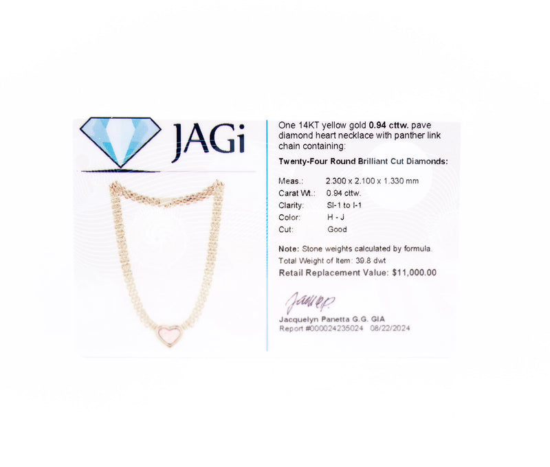 14k Yellow Gold 0.94 Ct Pave Diamond Heart Necklace With Panther Link Chain